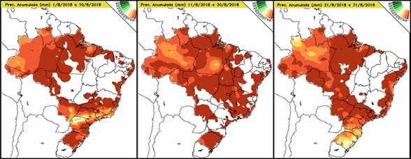 Figura 12 - Precipitação decendial, precipitação total, anomalia da precipitação e da temperatura mínima média em julho de 2018 Precipitação de 1º a 10/03/2018 Precipitação de 11 a 20/03/2018