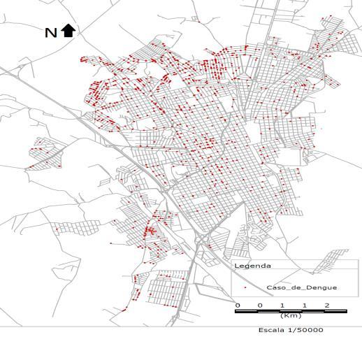 FIGURA 1: Localização de casos de dengue na cidade de Rio Claro SP, 1º semestre de 2011.