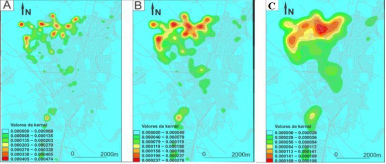 FIGURA 3: Superfícies geradas pelo estimador Kernel Quártico com os respectivos raios de influencia: 250m (A), 375m (B) e 625m (C).