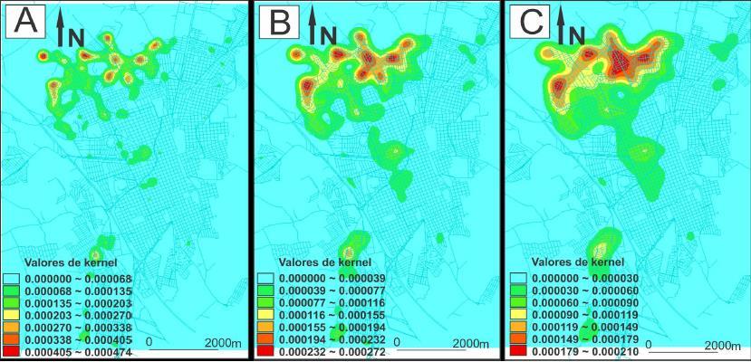 FIGURA 4: Superfícies geradas pelo estimador Kernel Normal com raios de influência de 100m(A), 150m(B) e 200m(C).