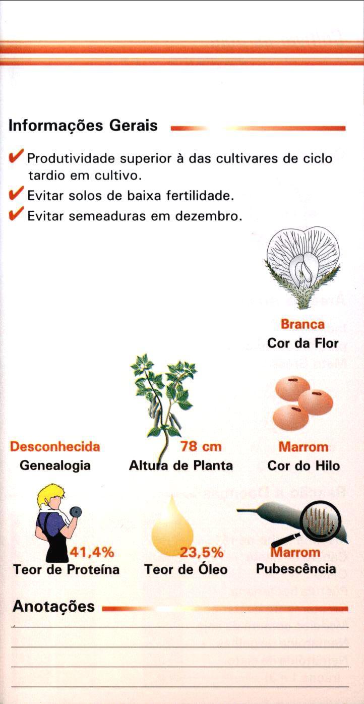 Informações Gerais - V Produtividade superior à das cultivares de ciclo tardio em cultivo. 1/ Evitar solos de baixa fertilidade.