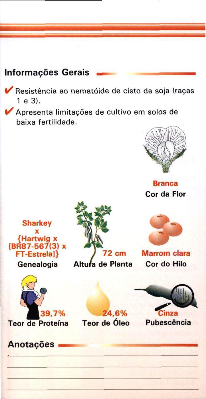 Informações Gerais V Resistência ao nematóide de cisto da soja (raças 1 e 3). 1' Apresenta limitações de cultivo em solos de baixa fertilidade.