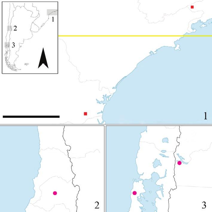 Setembro - Dezembro 2015 - www.periodico.ebras.bio.br EntomoBrasilis 8 (3) 1 2 3 Figura 22. Mapa de distribuição das espécies de Sciogriphoneura: S. brunnea, quadrado vermelho; S.