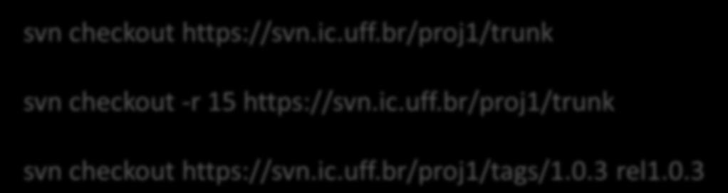 Comando check-out Sintaxe svn checkout [-r VERSÃO] URL [CAMINHO] Exemplo svn checkout https://svn.ic.uff.