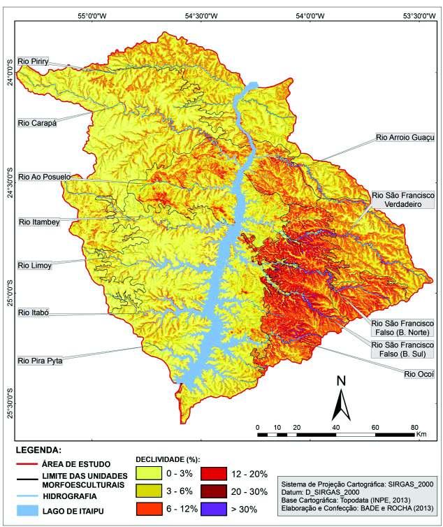 65 Figura 08. Carta de Declividade das bacias hidrográficas do Paraná III (Brasil/Paraguai). Organização e Confecção: BADE e ROCHA (2013).