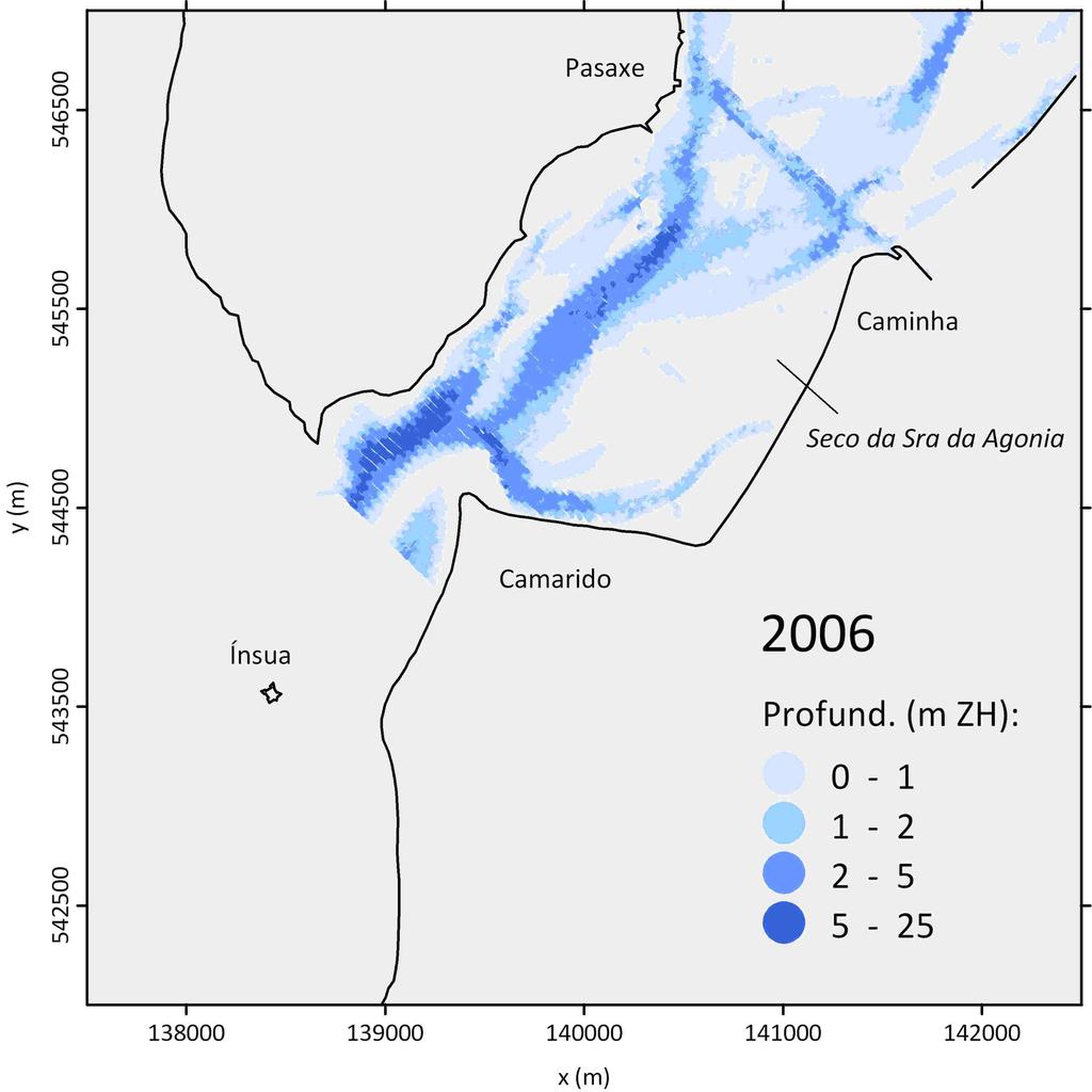 Adoptou-se uma resolução espacial de 100 m na malha geral 2D, ligando-se esta a uma malha 1D no sector superior do estuário, até ao seu limite montante.