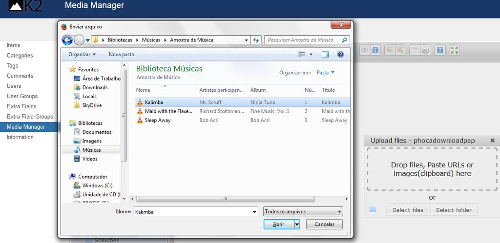 Figura 35 - Selecionar arquivos de áudio e vídeo para upload Para adicionar os arquivos áudio MP3 e vídeo MP4 em um item K2, utiliza-se o plugin AllVideos.