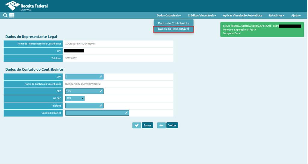 DCTFWeb Menus Dados Cadastrais Título