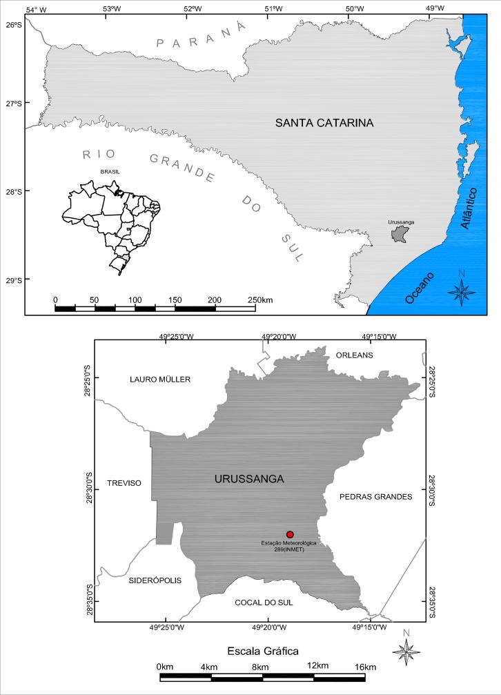 Figura 1 Localização do município de Urussanga, SC. A evapotranspiração de referência (ET 0 ) foi calculada pelo método de Penman-Monteith FAO, seguindo as recomendações de Smith (1991), Allen et al.