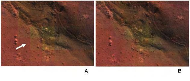 Figura 4 Fusão de imagens TM Landsat (5R4G3B) e QuickBird (pancromática) porção sudeste do município de Jacareí, detalhe de canal de primeira ordem, situada a