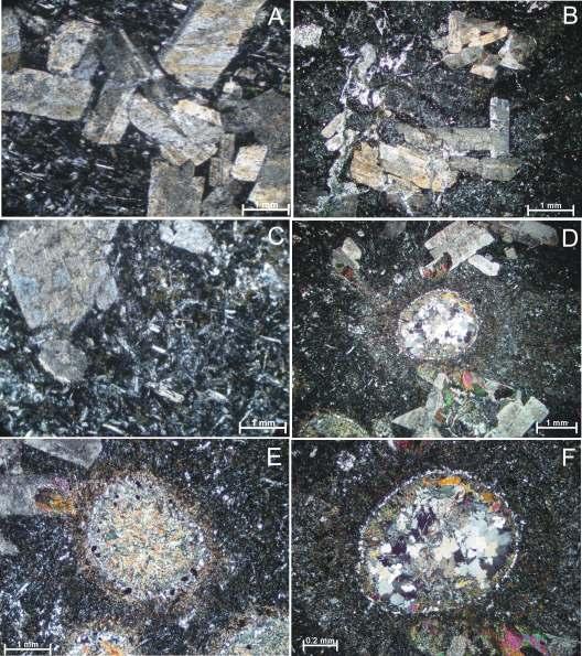 cristais de epitodo. O contato com outros cristais é suturado, e alguns cristais apresentam-se com bordas irregulares. Figura 6.3. Aspectos microscópicos dos tipos andesíticos.