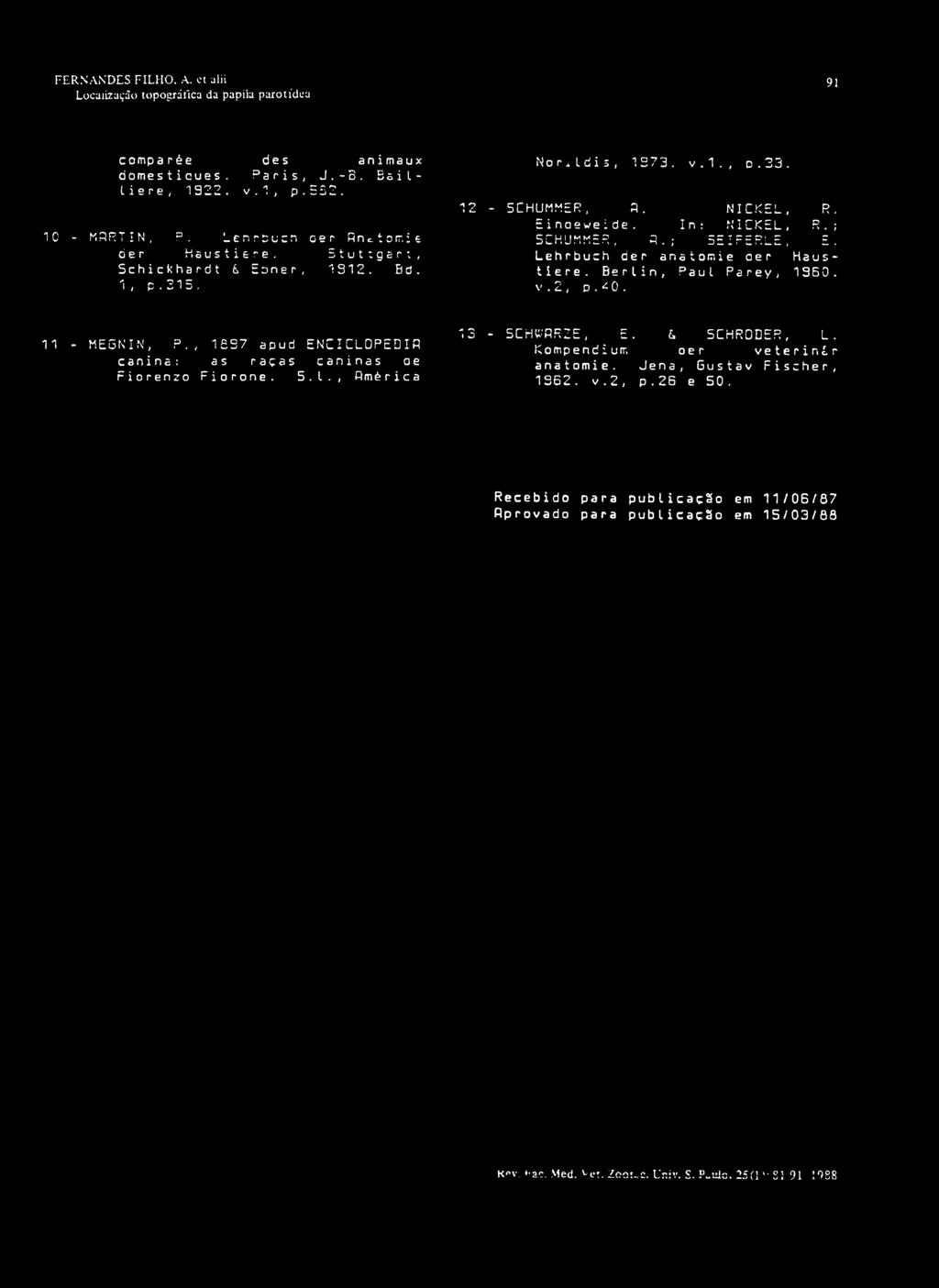 Lehrbuch der anatomie der H a u s - tiere. Berlin, Paul Parey, 1950. v.2, p.^ 0. 11 - MEGNIN, P., 1 97 apud ENCICLOPEDIR canina: as raças caninas oe Fiorenzo Fiorone. 5.1., Rmèrica 13-5CHWRRZE, E.