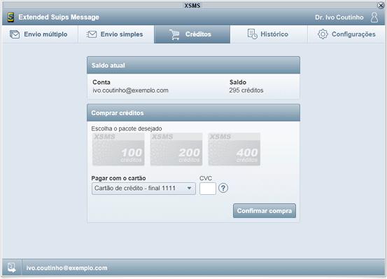 58 3.10.5 Comprar créditos Os créditos são utilizados para enviar mensagens através do XSMS. A cada mensagem enviada, será debitado 1 crédito.