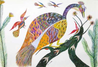 12 ATRIBUÍDO A BABÁ Pássaros e Besouros Acrílica sobre cartolina 66 x 97 cm Ass, cic, por F D Silva, sem data Mesmo