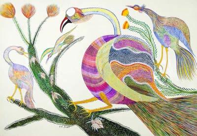 Pássaros e Besouros Acrílica sobre cartolina 66 x 97 cm Ass, cic, por F D Silva, sem data Mesmo sendo assinado por