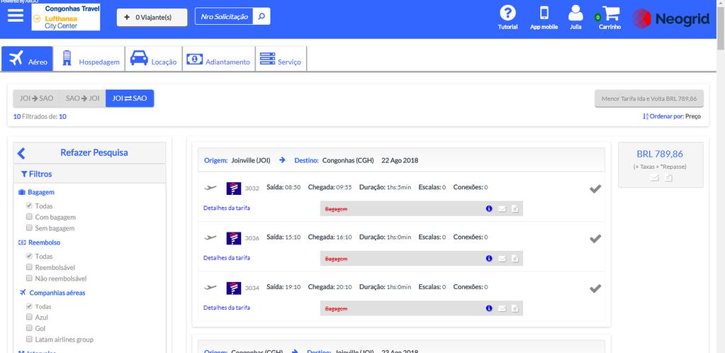 6.3 Escolhendo os Voos. Para realizar a escolha dos voos, basta selecionar o campo contornado em vermelho, abrirá as opções de voo ida e volta com o a mesma companhia, selecione-os.