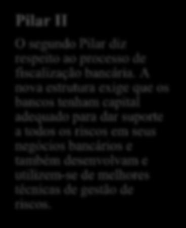 permitindo a utilização de modelos internos para o cálculo de alocação de capital, mais sensíveis á estrutura das instituições. O segundo Pilar diz respeito ao processo de fiscalização bancária.