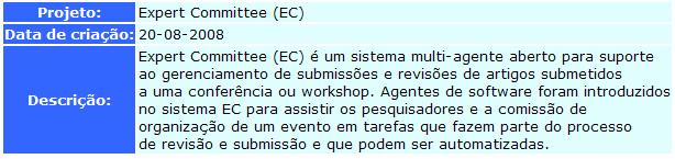132 4.2. Caso: Expert Committee Trabalhamos pela primeira vez com o exemplo do Expert Committee EC na disciplina de Sistemas Multi-Agentes (SMA) do Departamento de Informática da PUC- Rio em 2005.