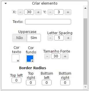 ao lado para facilitar visualização.) b. X: Largura do elemento c. Y: Altura do elemento d. Texto: Inserir texto do elemento (palco, pista, mesa de som, etc.) e.