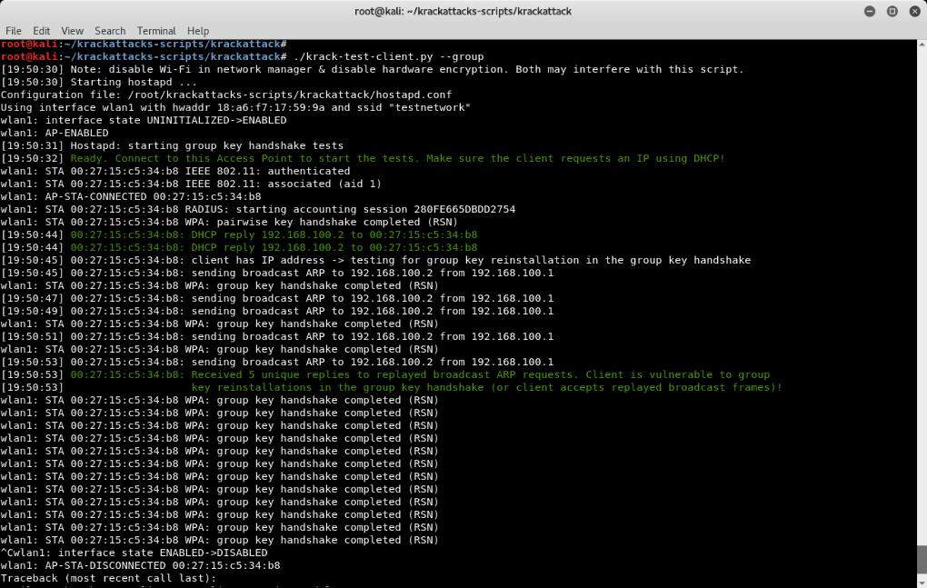 TESTE GROUP KEY: Neste teste foi usado o script:./krack-test-client.py group Este dispositivo também está vulnerável com a group key.