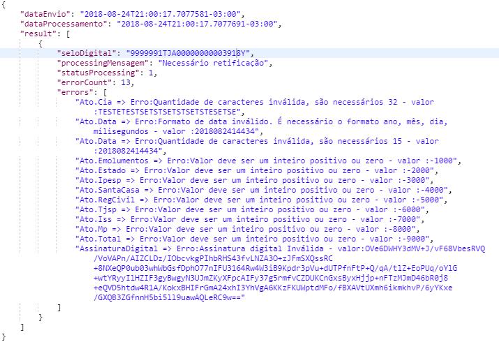 10 ANEXO V 10.1 Retornos enviados pelo Sistema após o envio 10.1.1 Registro processado com sucesso Código: 200 processingmensagem: Processado com sucesso statusprocessing: 0 10.