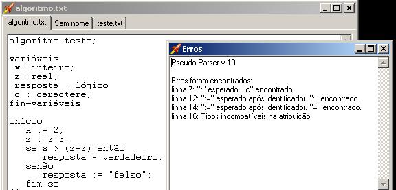 Fig.5. Exibição de erros do programa Pseudo Parser pelo ADI Essa ferramenta agrega maior consistência não só a gramática da linguagem a ser analisada como sua estrutura interna.