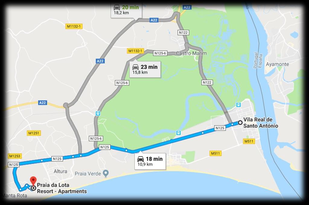 If you arrive by road Border Vila Real Santo Antonio/Ayamonte Follow to Avenida dos Bombeiros to the N125 Follow