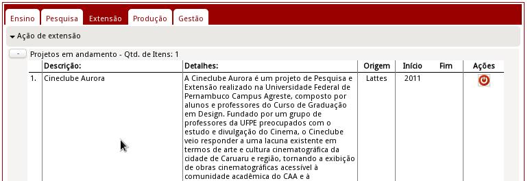 Figura 14 Aba de Extensão Atividades de extensão não exibidas poderão ser incluídas manualmente.