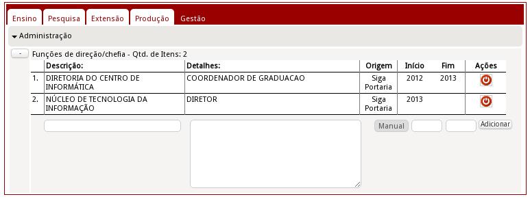 2.5.5 Aba de Gestão Na aba de Gestão o sistema exibe todas as funções gratificadas do docente com ano de início menor ou igual ao ano corrente e data fim em aberto ou data fim igual ao ano corrente.