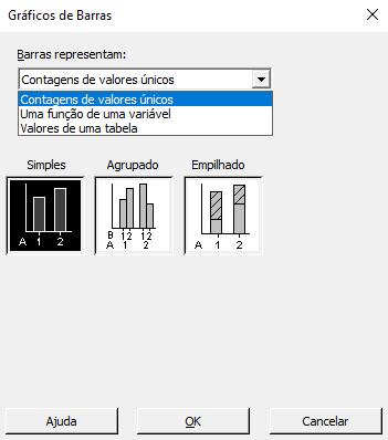 Esta janela permite escolher dentre tipos de gráficos de barras. Frequência de valores únicos: Utilizado quando tiver uma ou mais colunas com dados categóricos.