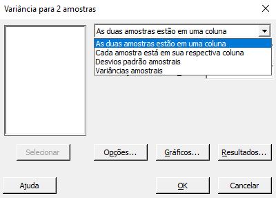 TESTE PARA DUAS VARIÂNCIAS Comando Teste para 2 Variâncias Utilizado para testar a igualdade entre as variâncias de duas populações independentes.