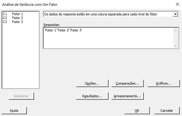 Caminho: Estat > ANOVA > Um fator.