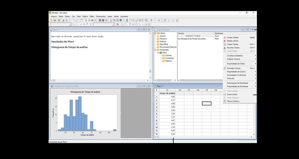 A tela principal do MINITAB pode conter quatro janelas: Janela Session: mostra os resultados (tabelas e textos).