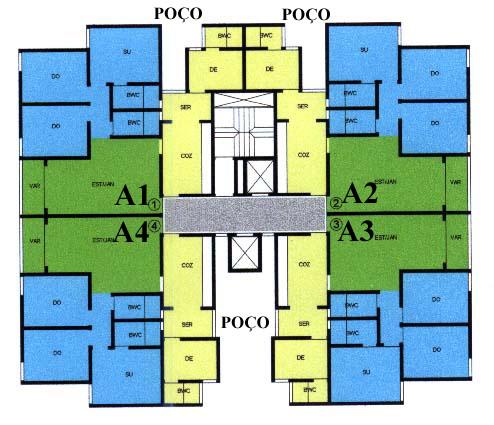 O edifício apresenta os apartamentos anteriores e posteriores iguais dois a dois; a maior compacidade (,17); apenas um poço aberto e posterior e duas reentrâncias laterais; apartamentos anteriores