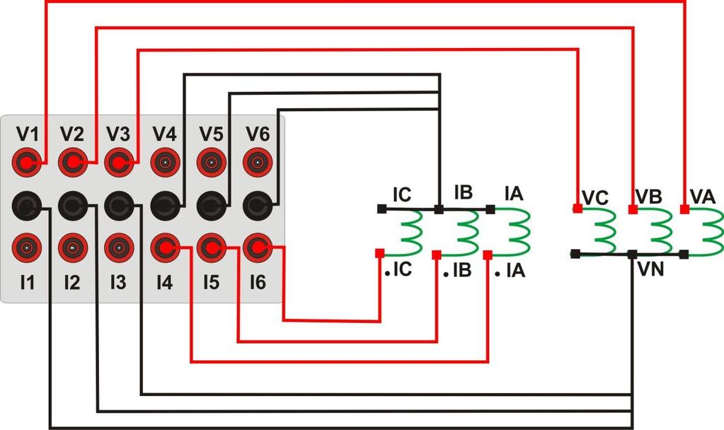 2 Bobinas de Tensão e Corrente Figura 1 Para estabelecer a conexão das bobinas de tensão, ligue os canais de corrente V1, V2 e V3 aos pinos VA, VB e VC do terminal do