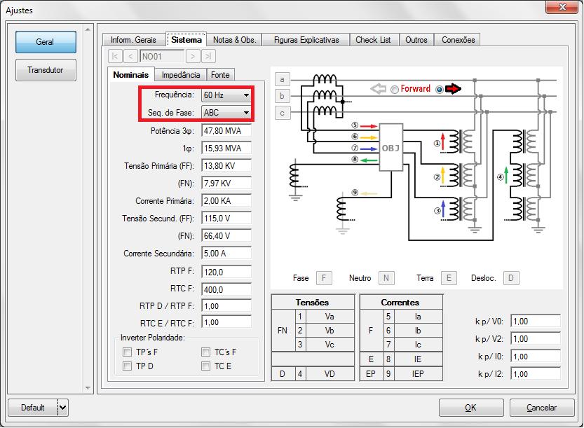 frequência, sequência de fase, tensões primárias e secundárias, correntes primárias e