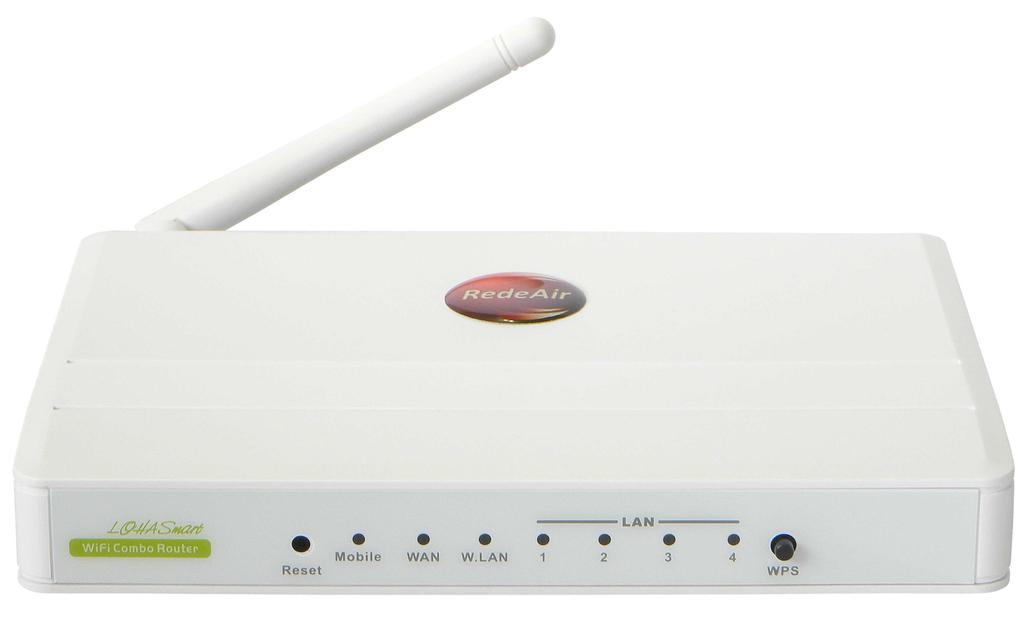 Esta é a visão frontal do seu Roteador G2WiFi Redeair. O botão Reset restaura todas as configurações do seu Roteador G2WiFi Redeair para o padrão de fábrica.