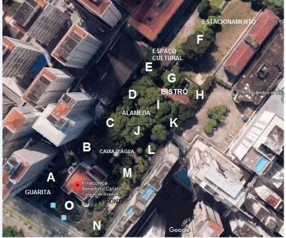 Figura 5 Imagem do Google Earth adaptada pela autora para determinar a localização aproximada das espécies inventariadas.