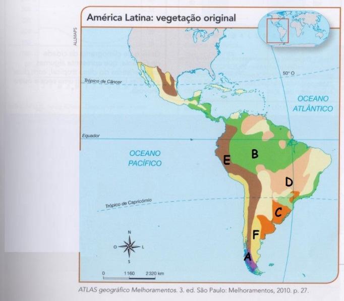 QUEST 3 Analise os mapas e PREENCHA as letras correspondentes a cada vegetação: Geografia a) Florestas equatorial/ tropical b) Savanas c) Floresta temperada d) Mediterrânea e) Estepes f) Pradarias