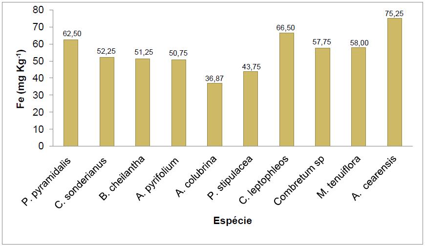 Figura 9 Variação na concentração de ferro (Fe) encontrado na parte aérea das dez espécies de maior IVI. Tukey p< 0,05.