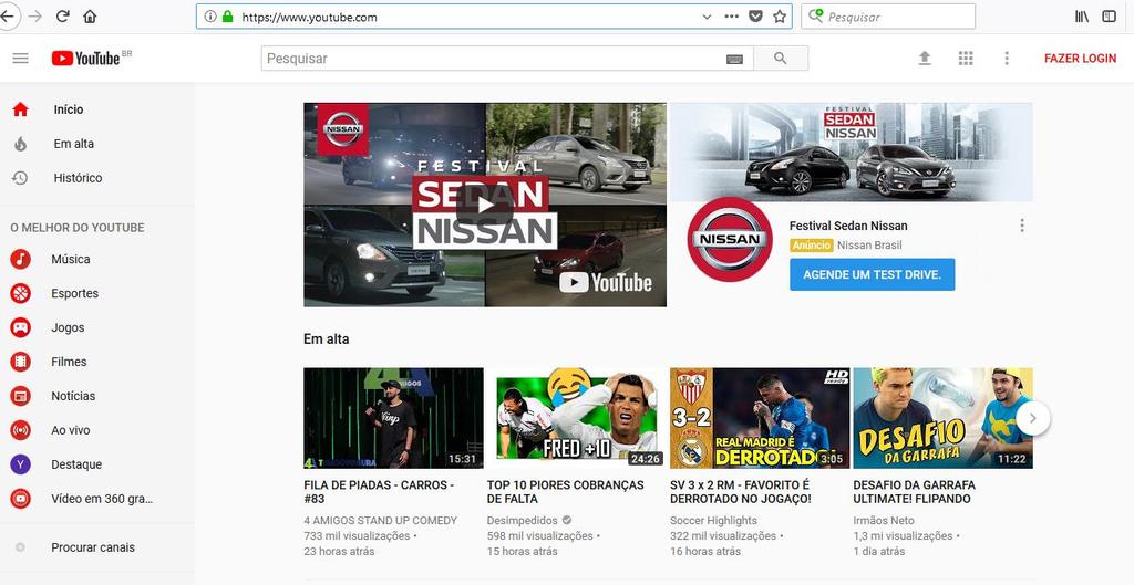 4 2. Criando um conta no Youtube. Com o mesmo navegador que criou a conta do Gmail, acesse : https://www.youtube.com/ e clique em Fazer Login, figura 9.