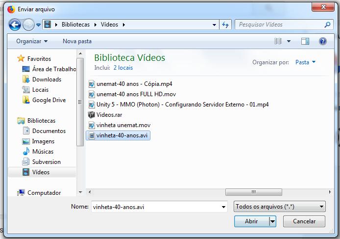 6 Figura 14: Janela para selecionar o vídeo Selecione o local onde salvou o vídeo. Clique sobre o arquivo do vídeo e depois em abrir. No exemplo, o vídeo está dentro de Vídeos.