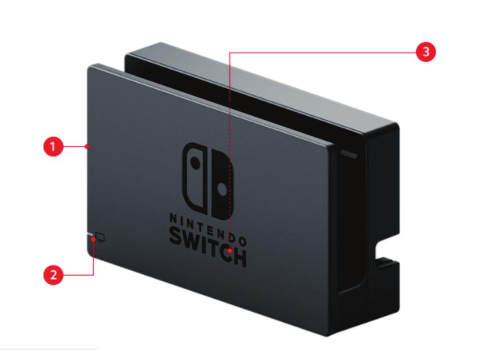 Base do Nintendo Switch Frente Entrada USB (de lado) Liga o acessório como o Pro da Nintendo Switch (vendido separadamente) ou o suporte de carregar do Joy-Con