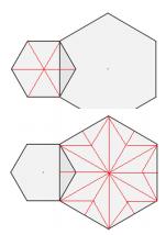 Decompondo o hexágono menor, percebemos que ele é formado por 6 triângulos equiláteros, fazendo o mesmo com o hexágono maior, notamos que ele é formado por 18 triângulos equiláteros congruentes aos