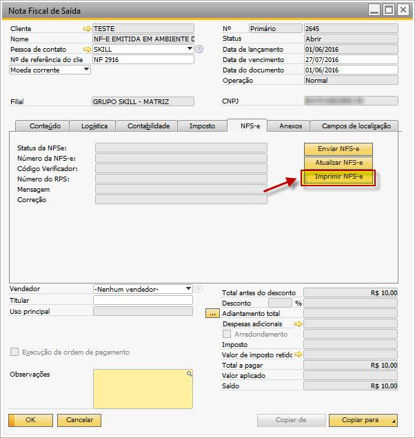 Tela 50 Botão para impressão da NFS-e no documento de marketing Após a emissão da nota