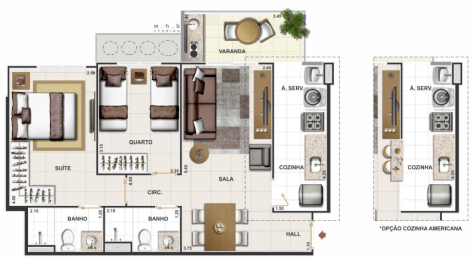 Apartamento de 2 quartos com Suíte e Varanda