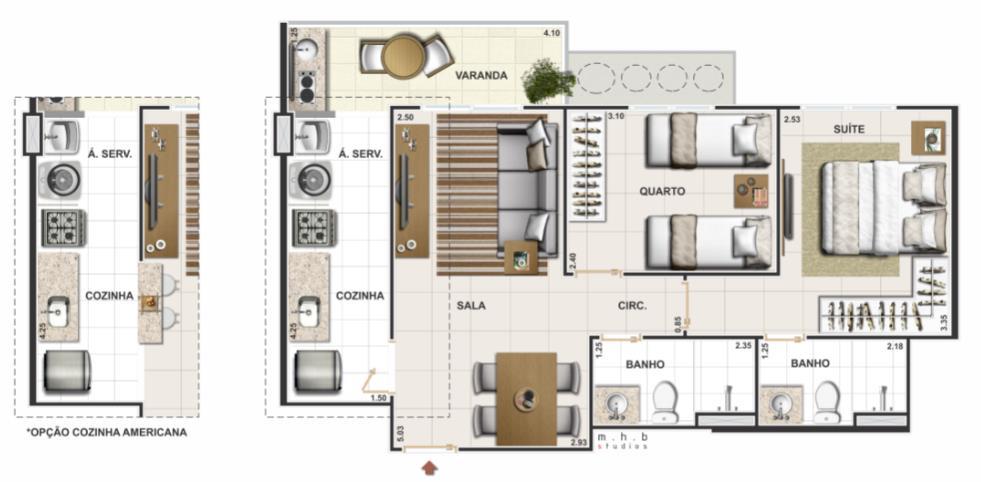 Apartamento de 2 quartos com Suíte e Varanda