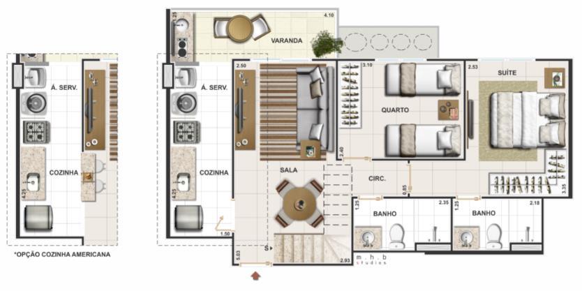 Cobertura Dúplex de 2 quartos com Suíte, Varanda