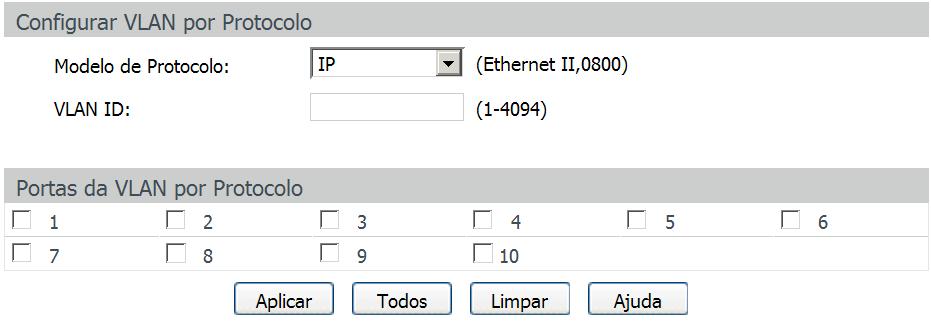 VLAN por protocolo Nesta página é possível criar VLANs por Protocolo de acordo com os protocolos pré-definidos pelo switch ou com os modelos de protocolos previamente configurados.