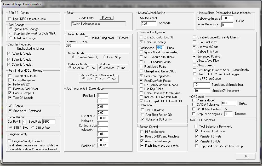 5.6 Configuração do parâmetro LookAhead Para que a comunicação entre o Mach3 e a placa seja mais fluente, recomendamos que o parâmetro de LookupAhead do Mach3, este em um valor acima de 100.